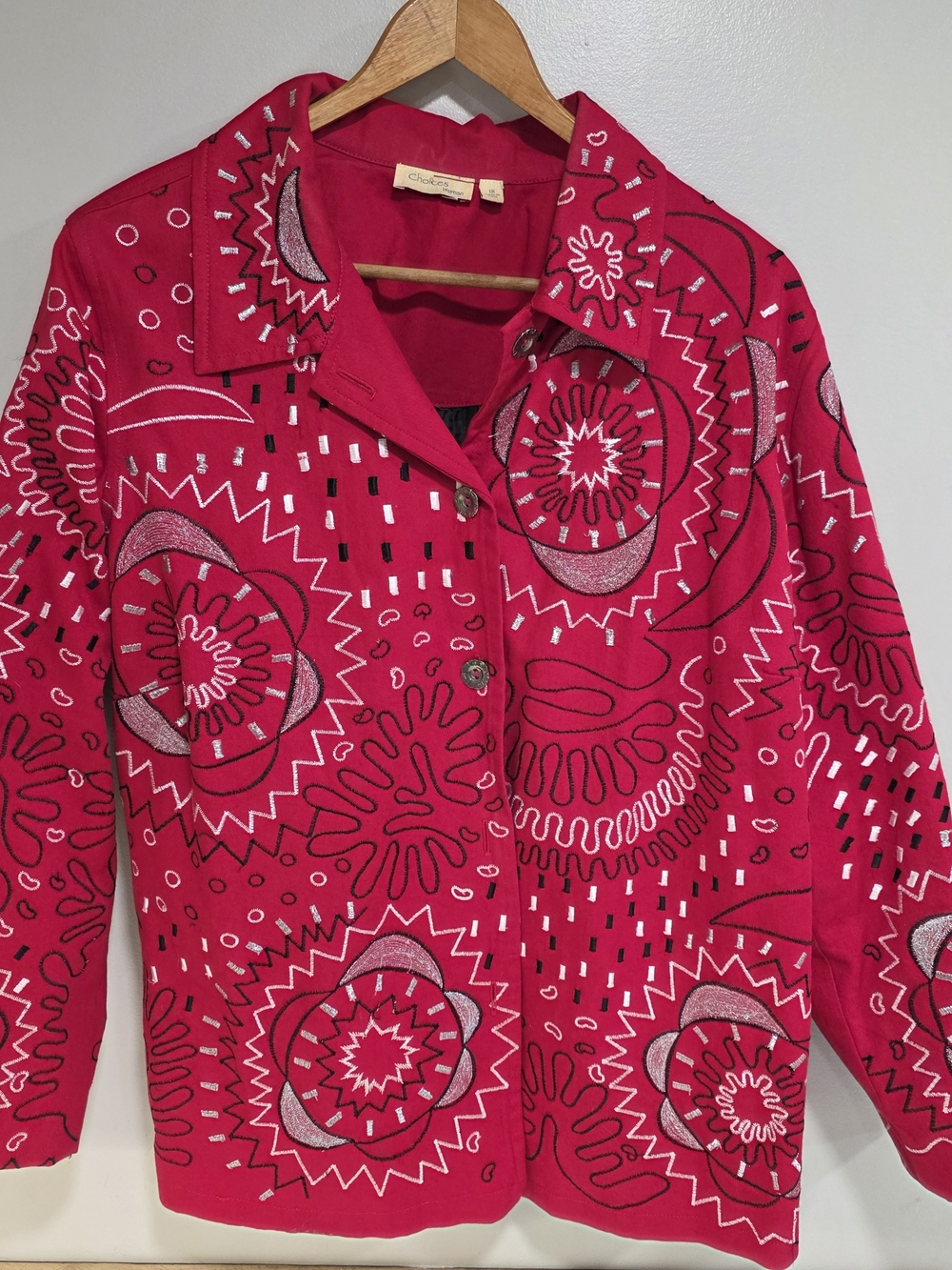 Choices Woman 1x Bright Pink/Red Embroidered Button-Up Jacket